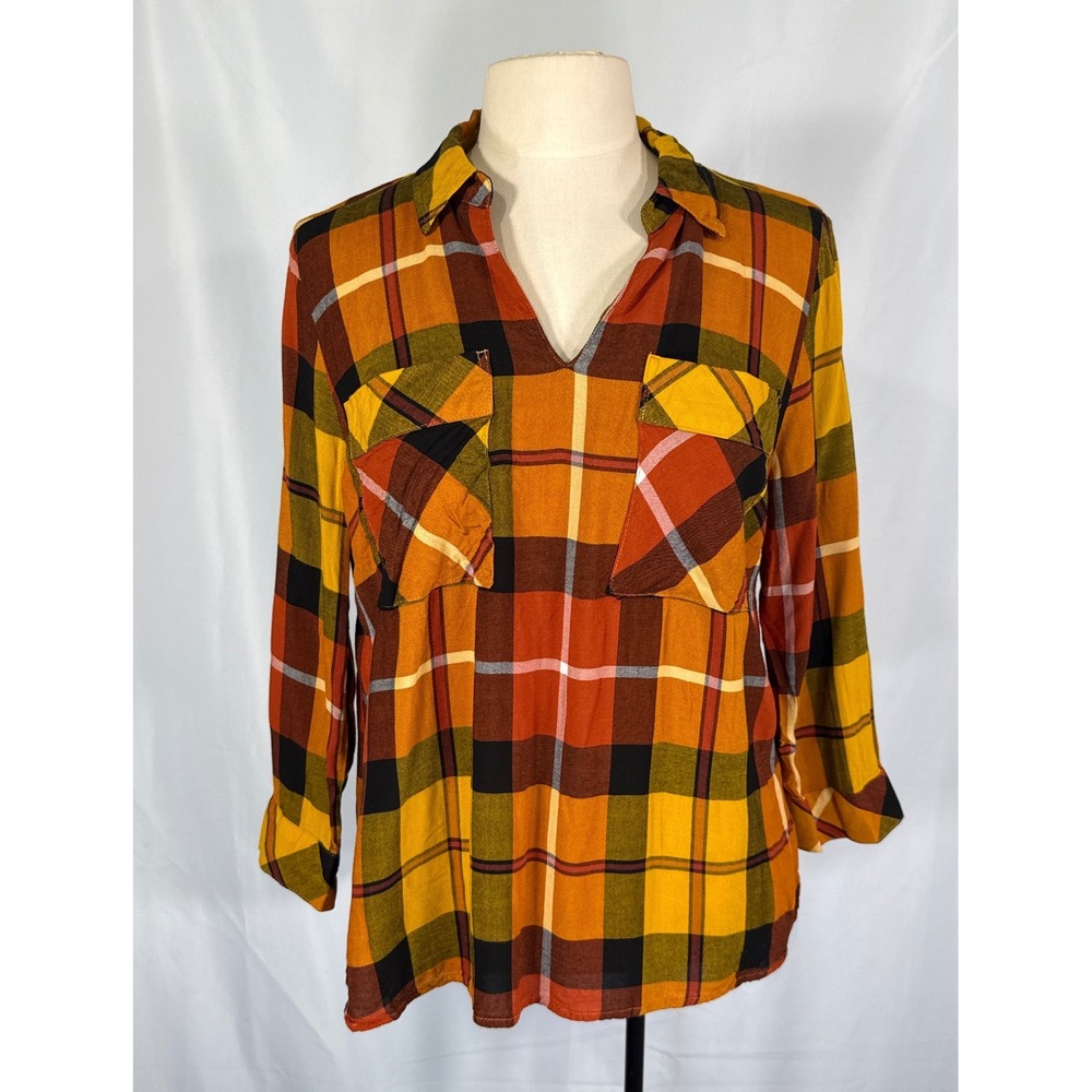 EST. 1946 Cato Plaid Split V-Neck Blouse Orange Yellow Fall Rayon Tunic Top sz L